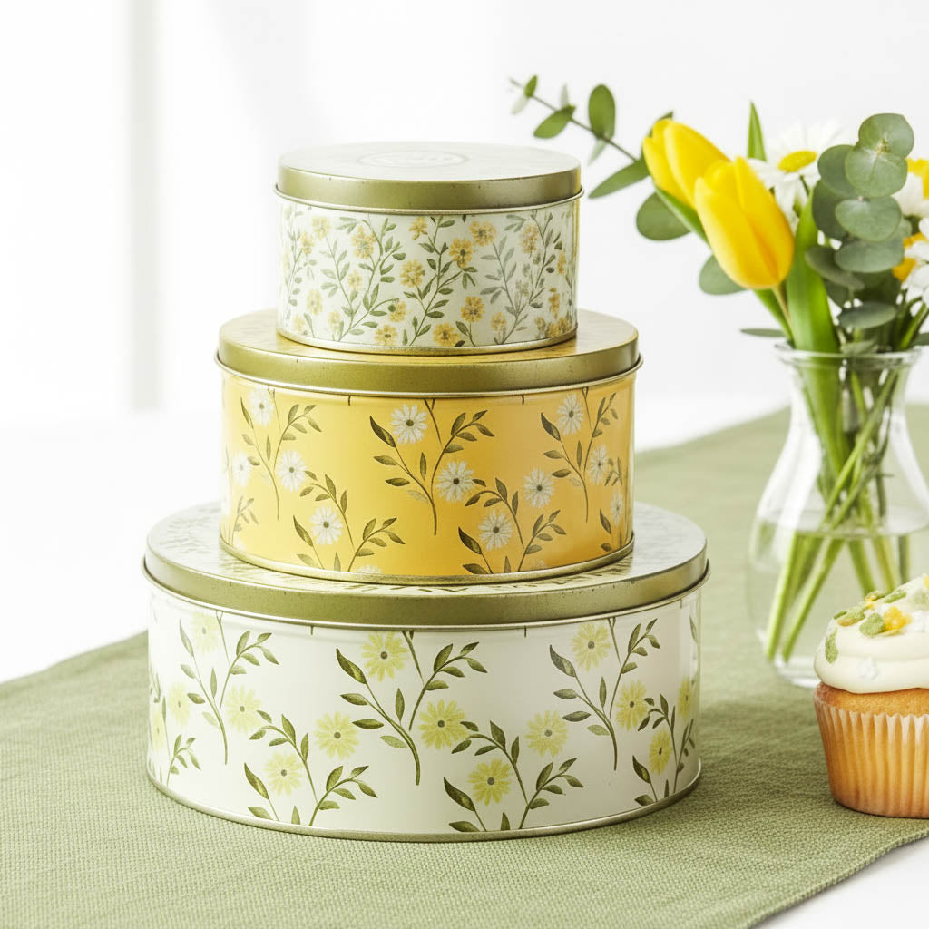 Yellow Round Floral Tin Set of 3