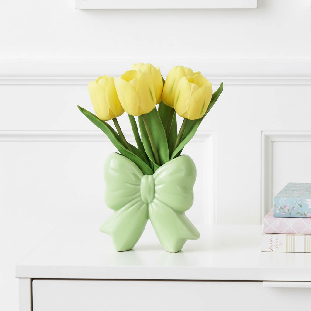 Faux Tulips in Green Bow Vase
