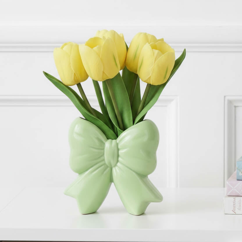 Faux Tulips in Green Bow Vase