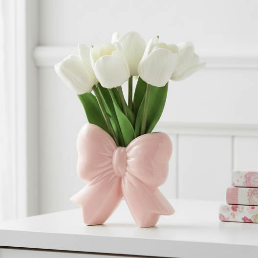 Faux Tulips in Pink Bow Vase