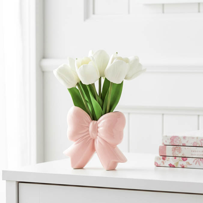 Faux Tulips in Pink Bow Vase