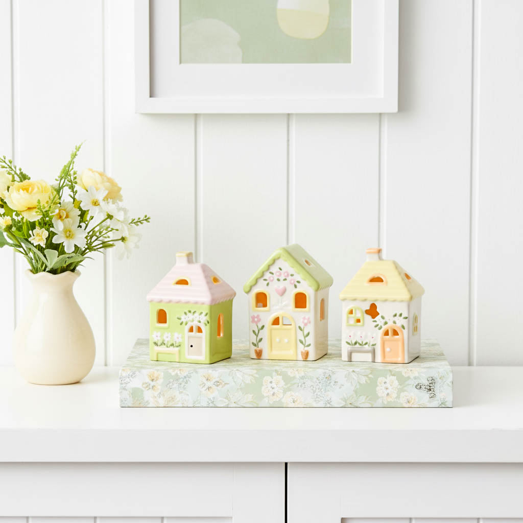 Mini Green Floral LED House Set of 3