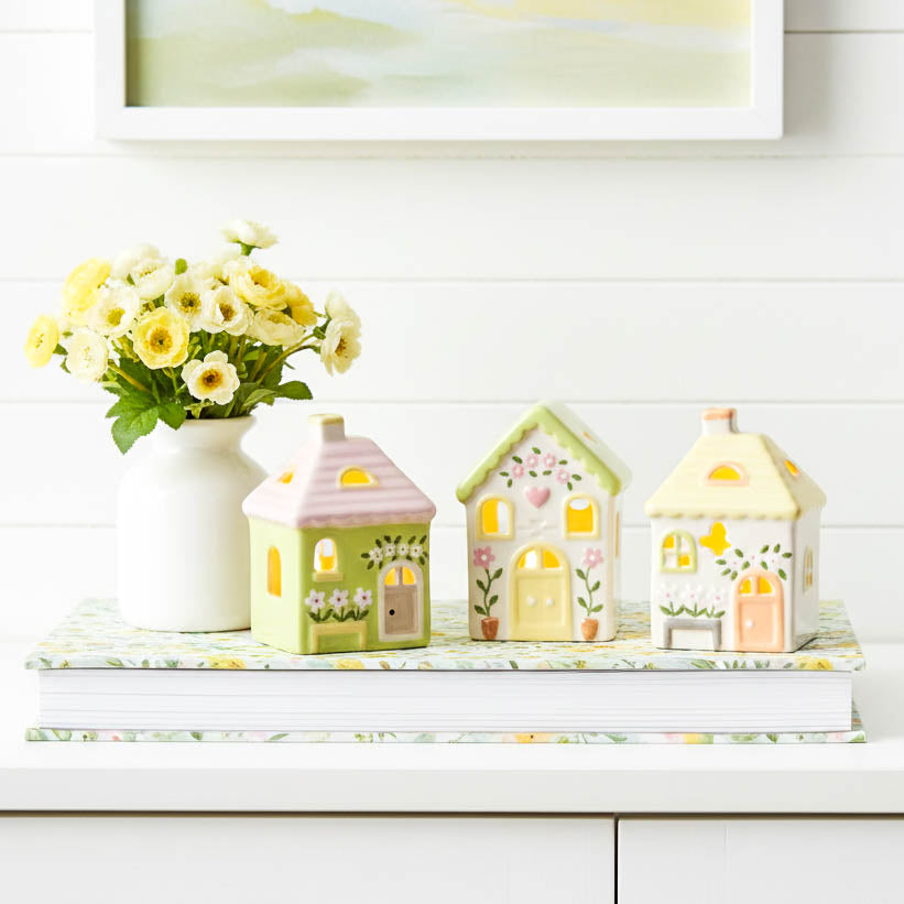 Mini Green Floral LED House Set of 3