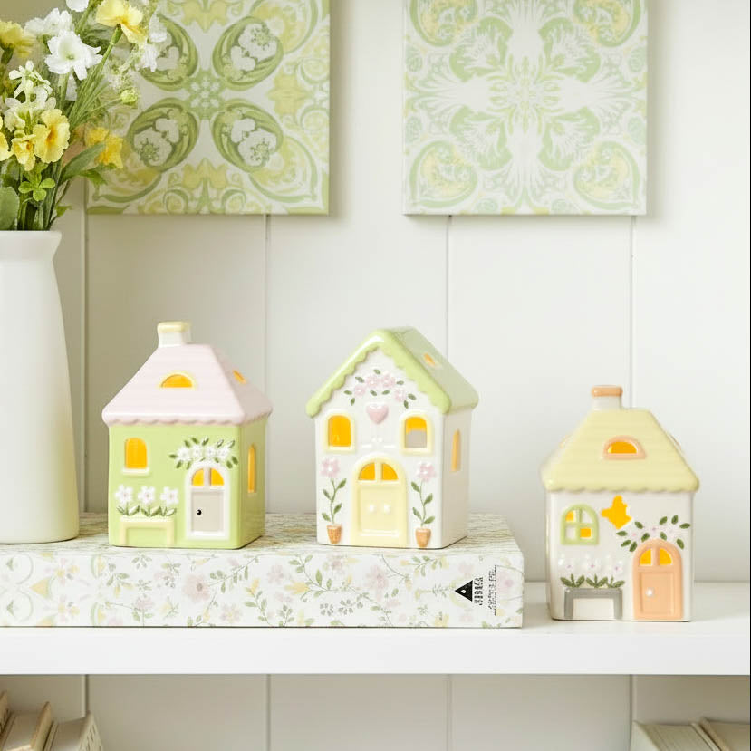 Mini Green Floral LED House Set of 3