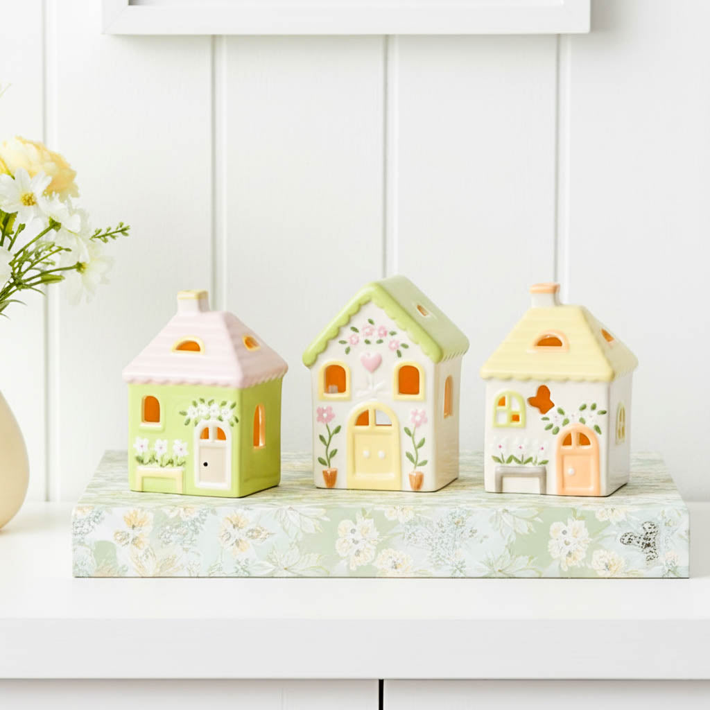 Mini Green Floral LED House Set of 3