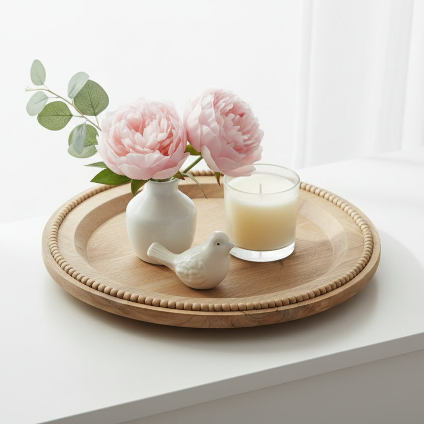 Round Mango Wood Beaded Styling Tray 40cm