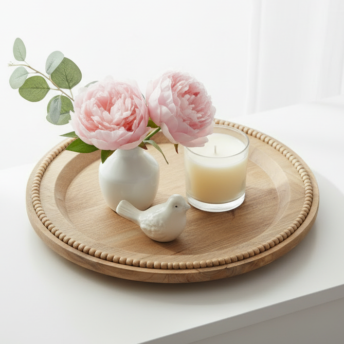 Round Mango Wood Beaded Styling Tray 40cm