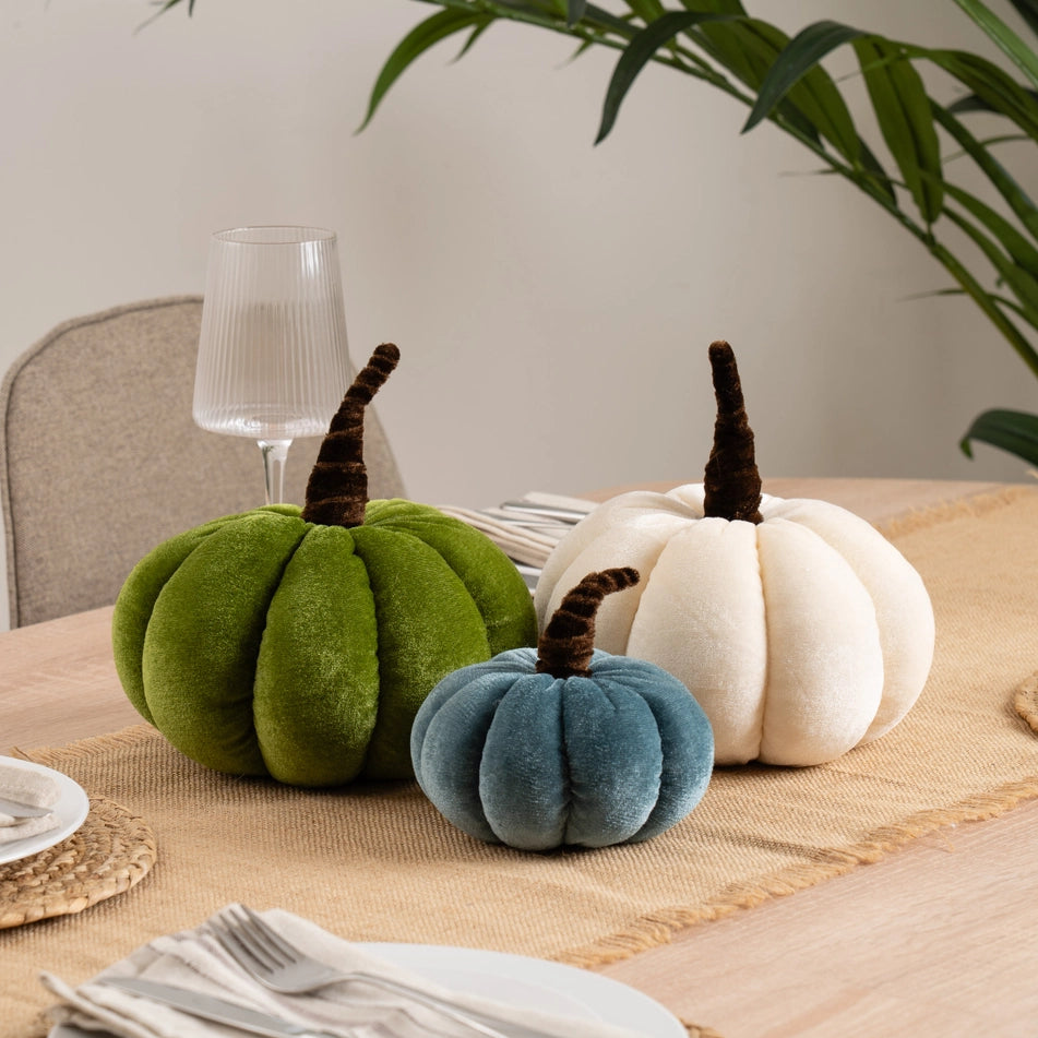 Set of 3 Green Mix Plush Velvet Pumpkins