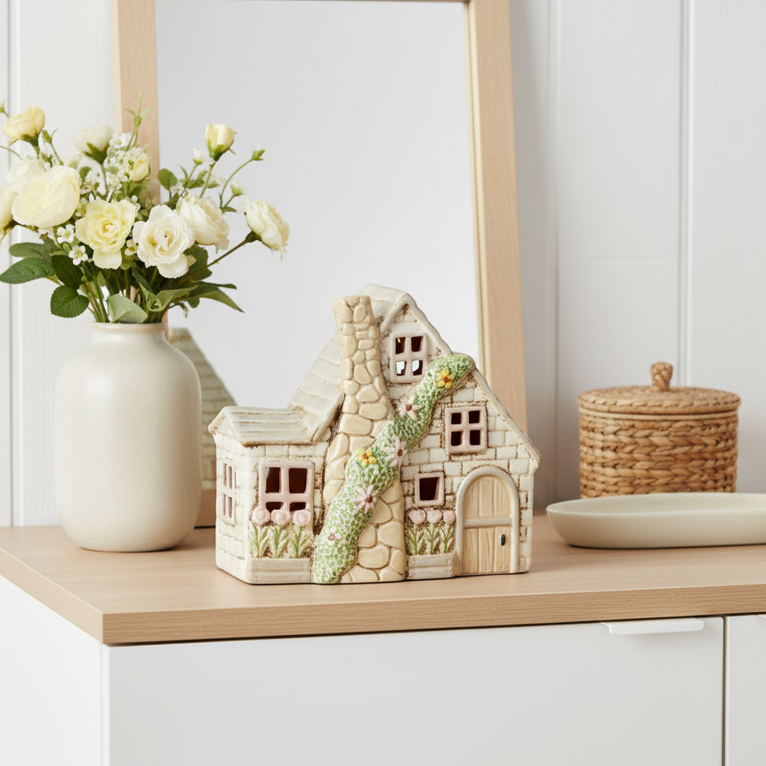 BACK MAR Cream Tealight Cottage with Chimney