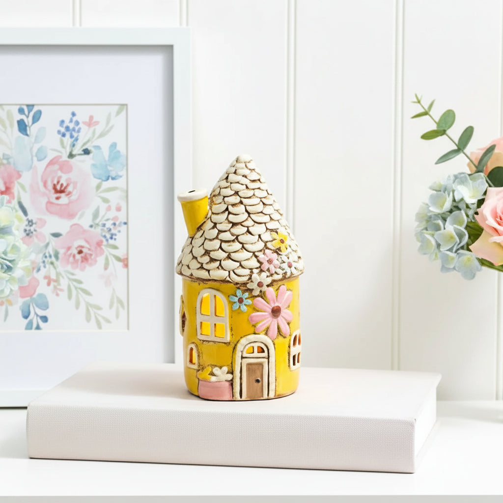 Yellow Stoneware Fairy Tealight Cottage