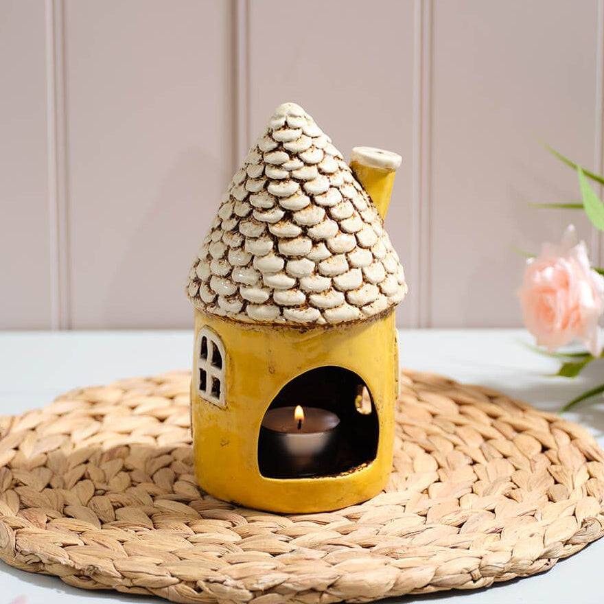 Yellow Stoneware Fairy Tealight Cottage