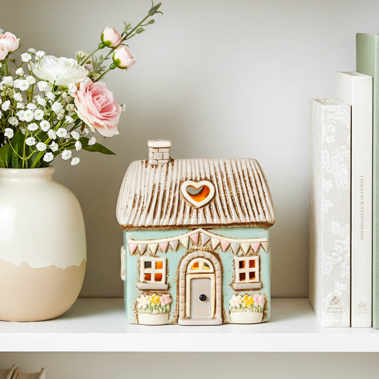 Soft Blue Tealight House with Flower Boxes