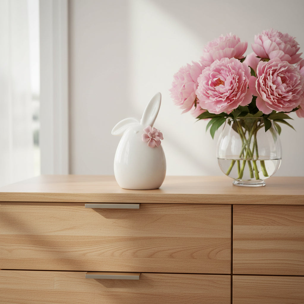 White Spring Bunny with Pink Flower