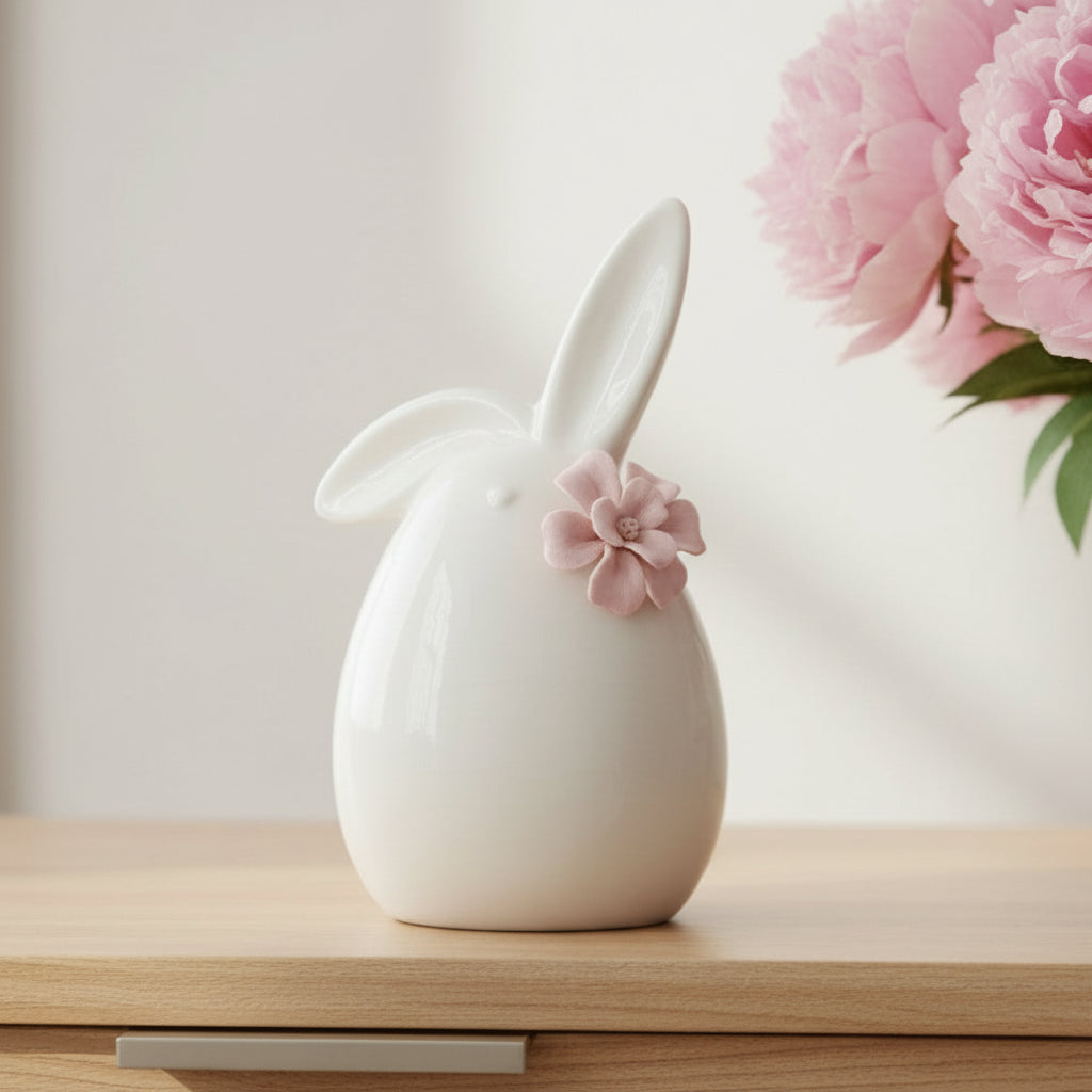 White Spring Bunny with Pink Flower