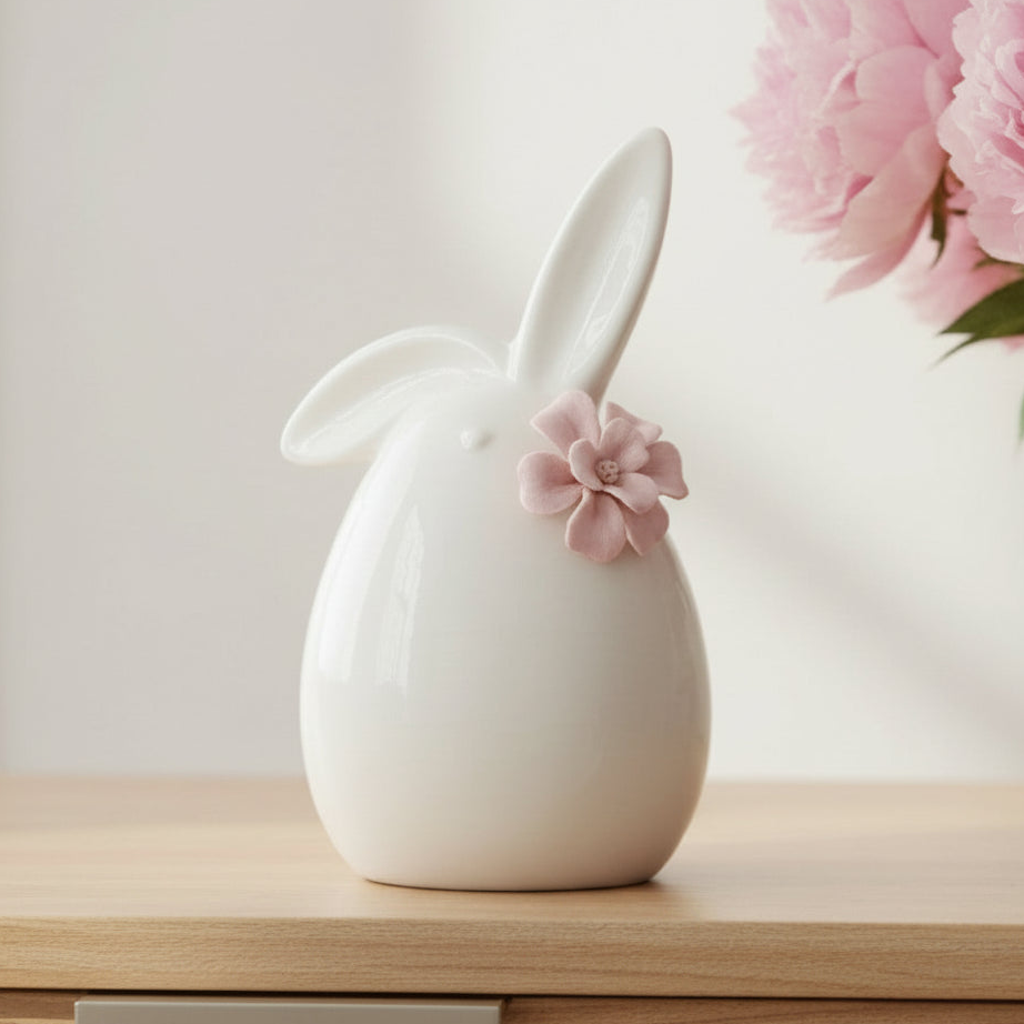 White Spring Bunny with Pink Flower