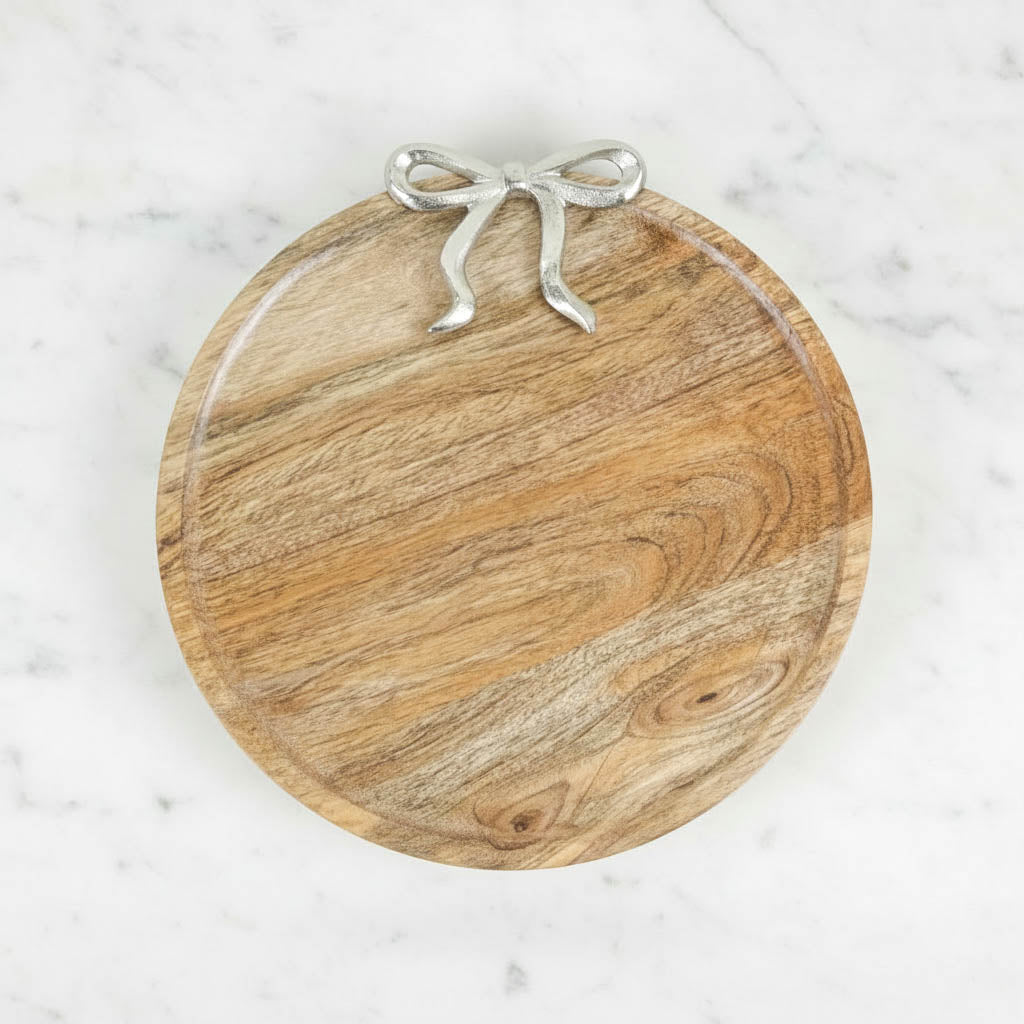 Round Wooden Styling Serving Board with Silver Bow 31cm