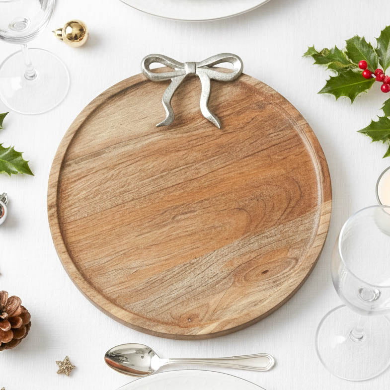 Round Wooden Styling Serving Board with Silver Bow 31cm