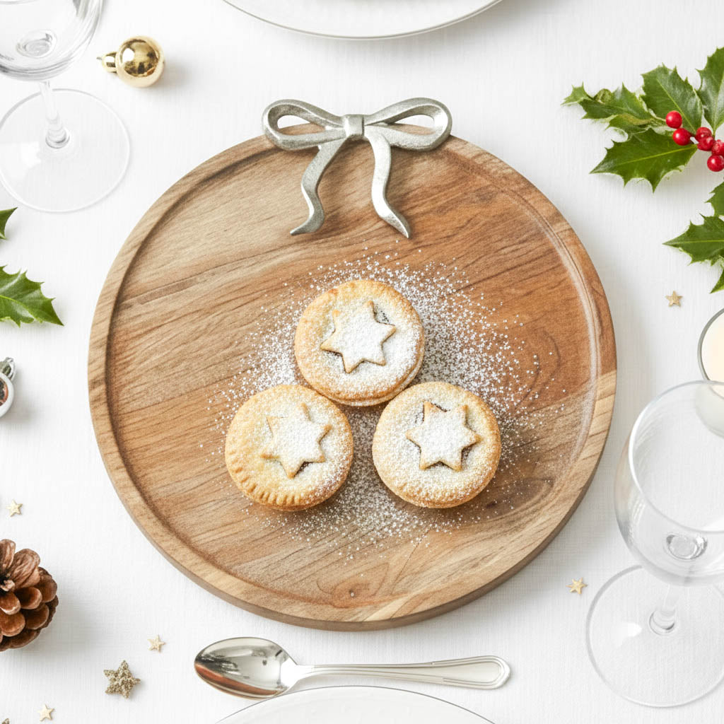 Round Wooden Styling Serving Board with Silver Bow 31cm