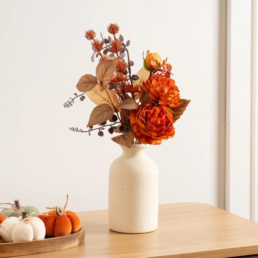 Rustic Autumn Rose Arrangement in Cream Vase
