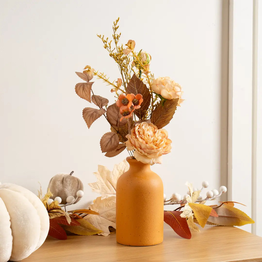 Soft Autumn Rose Arrangement in Yellow Vase