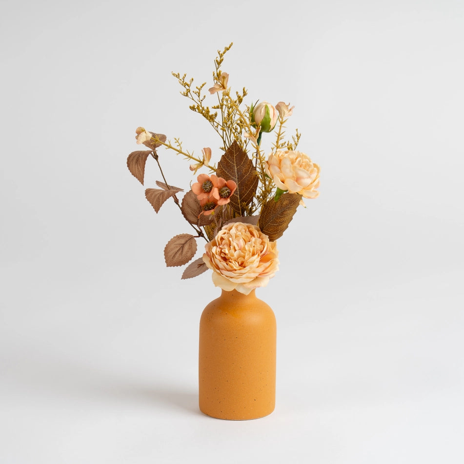 Soft Autumn Rose Arrangement in Yellow Vase