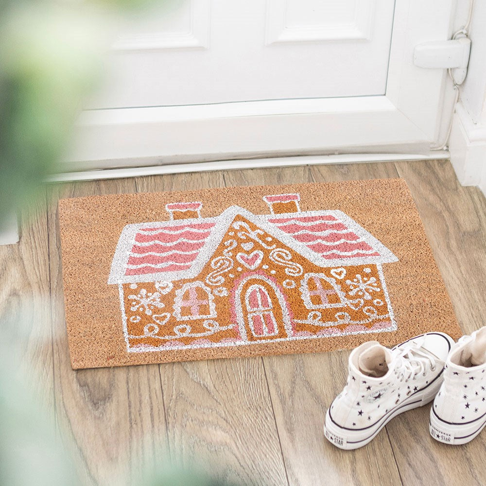 Pink Gingerbread House Natural Coir Doormat