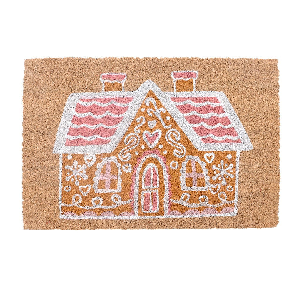 Pink Gingerbread House Natural Coir Doormat