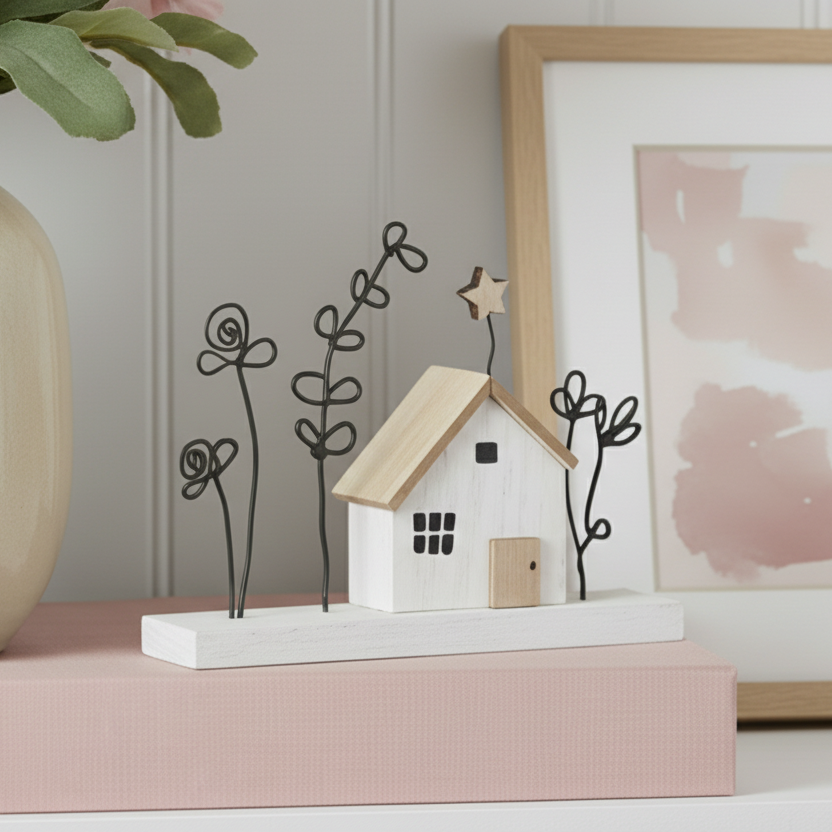Mini House with Flowers on Block