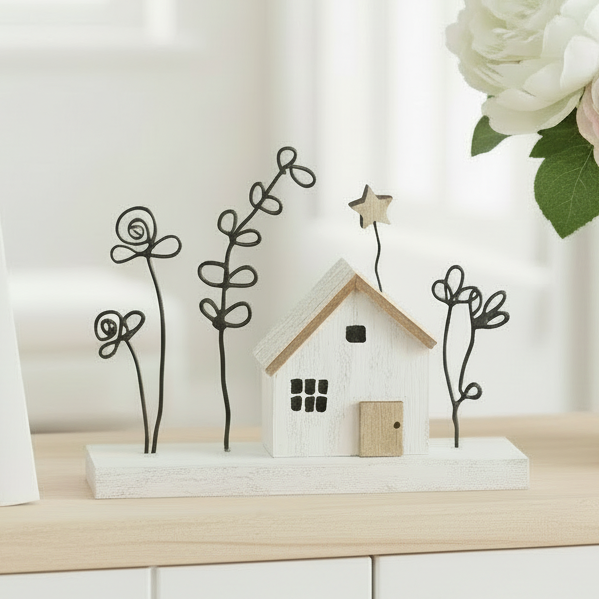 Mini House with Flowers on Block
