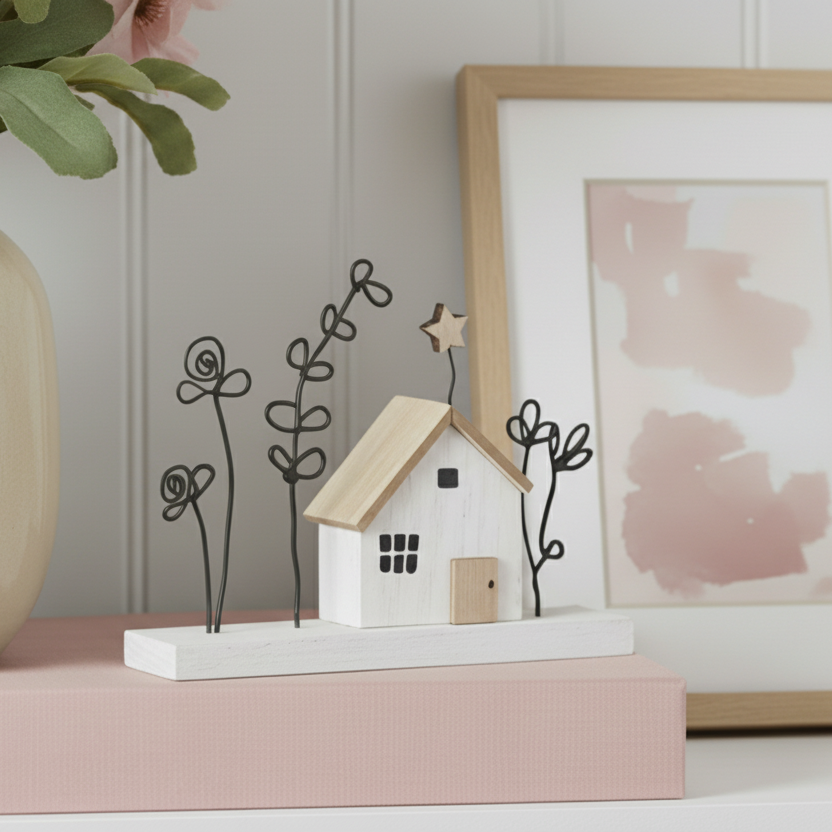 Mini House with Flowers on Block