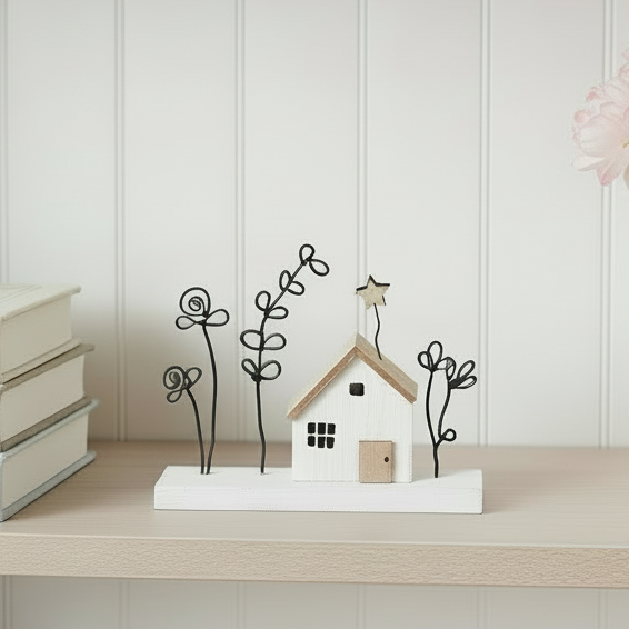 Mini House with Flowers on Block