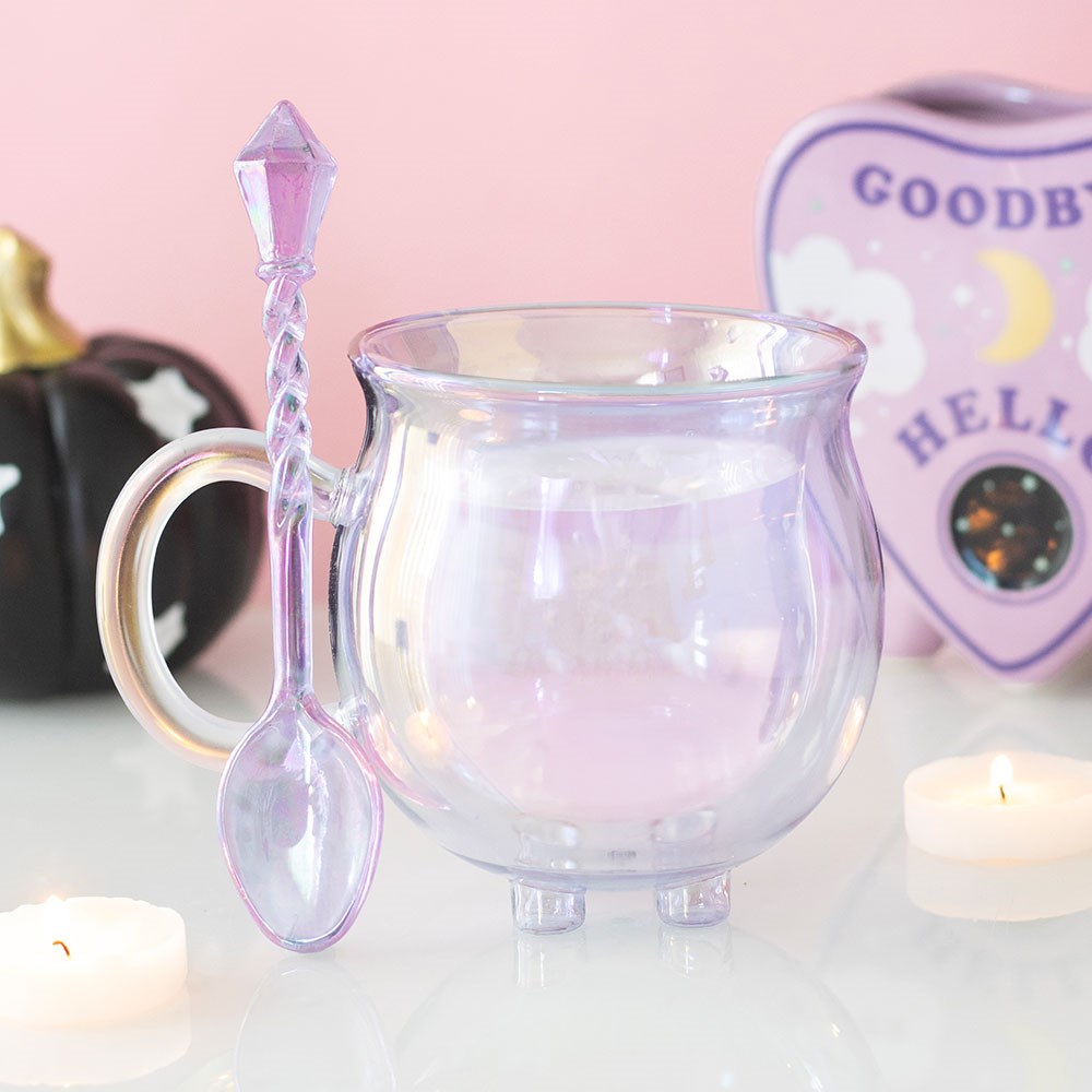 BACK JULY Purple Double Walled Glass Cauldron Mug &amp; Spoon