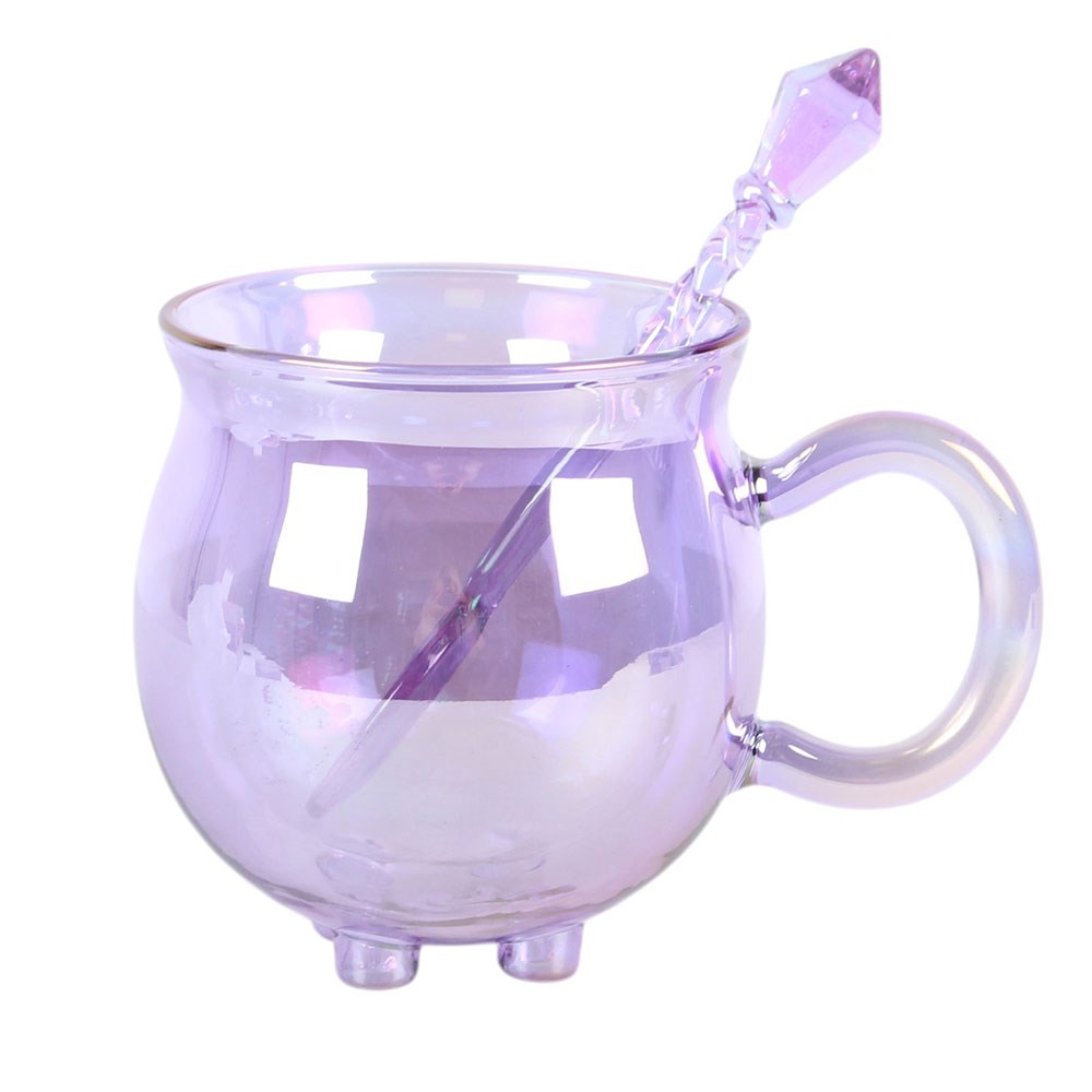 Purple Double Walled Glass Cauldron Mug &amp; Spoon