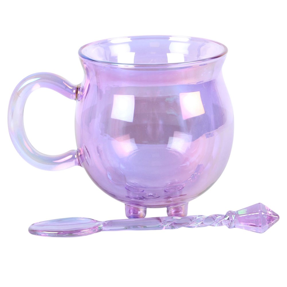 BACK JULY Purple Double Walled Glass Cauldron Mug &amp; Spoon