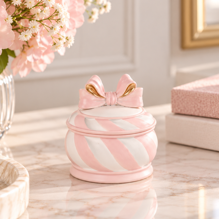 Pink &amp; White Bow Trinket Pot
