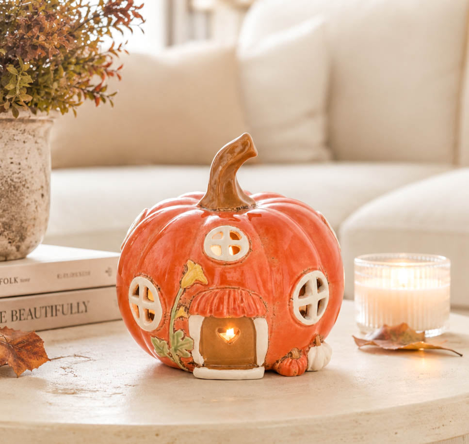 Village Pottery Orange Pumpkin Tealight House