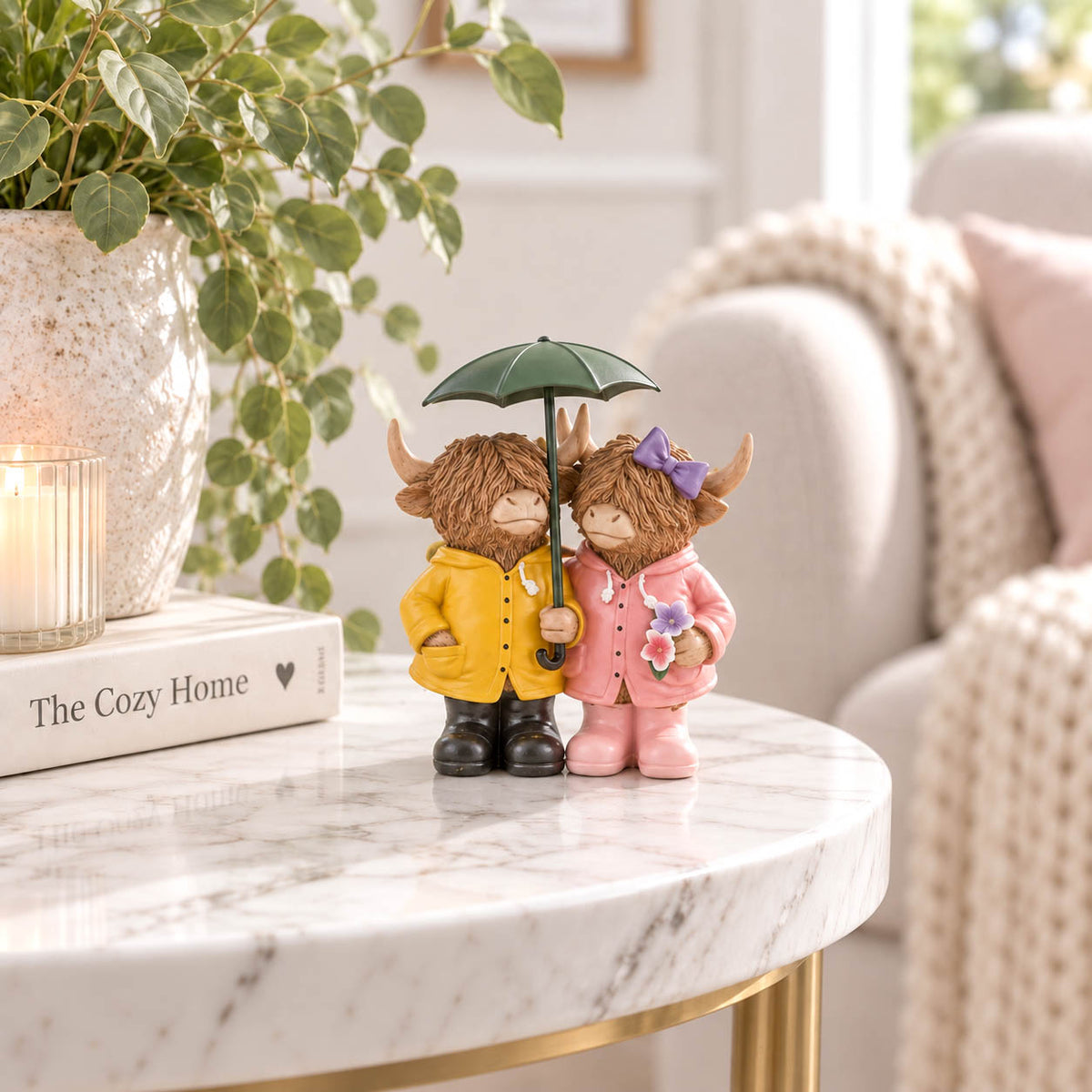 Rainy Days Happy Highland Cow Couple with Umbrella