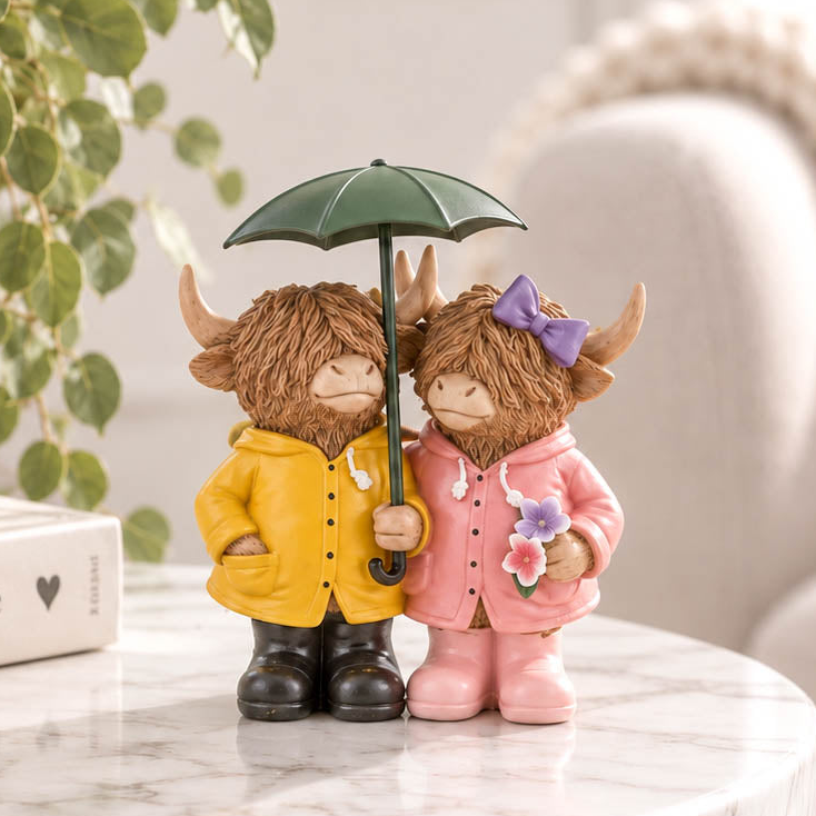 Rainy Days Happy Highland Cow Couple with Umbrella
