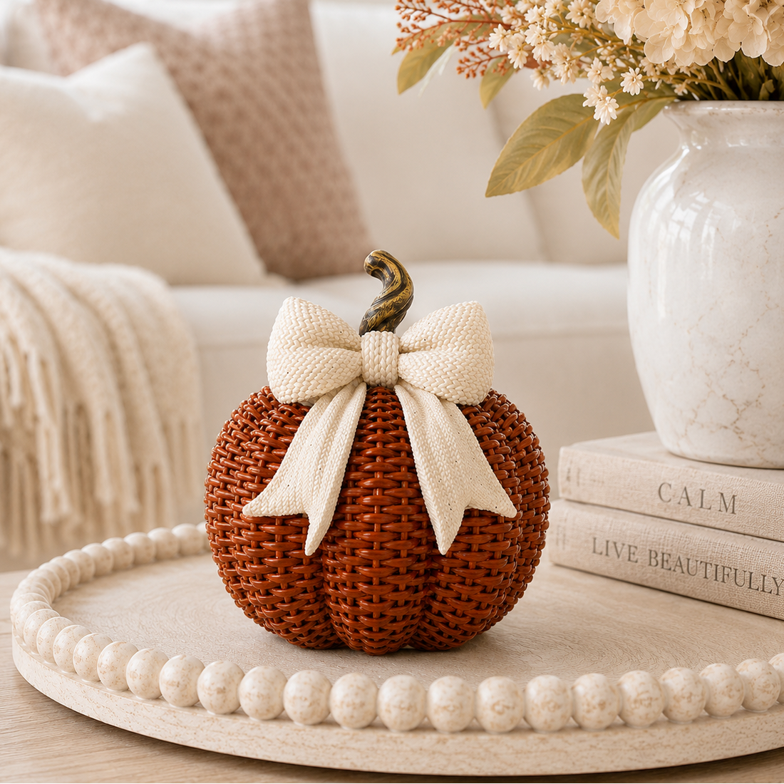 Burnt Orange Rattan Style Pumpkin with Bow