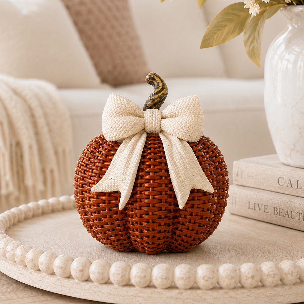 Burnt Orange Rattan Style Pumpkin with Bow