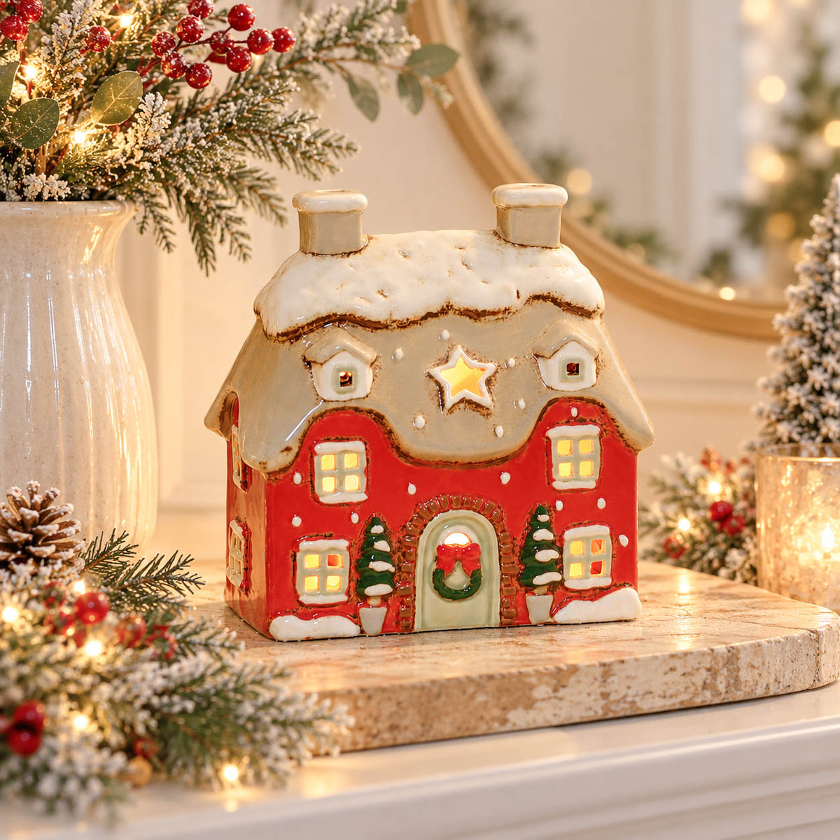 Red Stoneware Christmas Tealight Cottage
