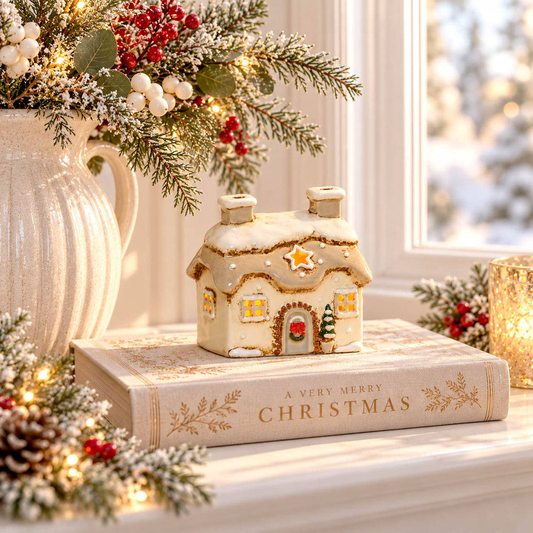 Mini Cream Stoneware Christmas Tealight Cottage