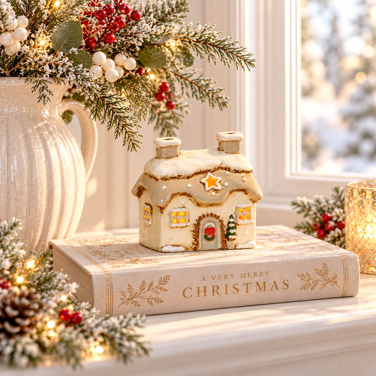 Mini Cream Stoneware Christmas Tealight Cottage
