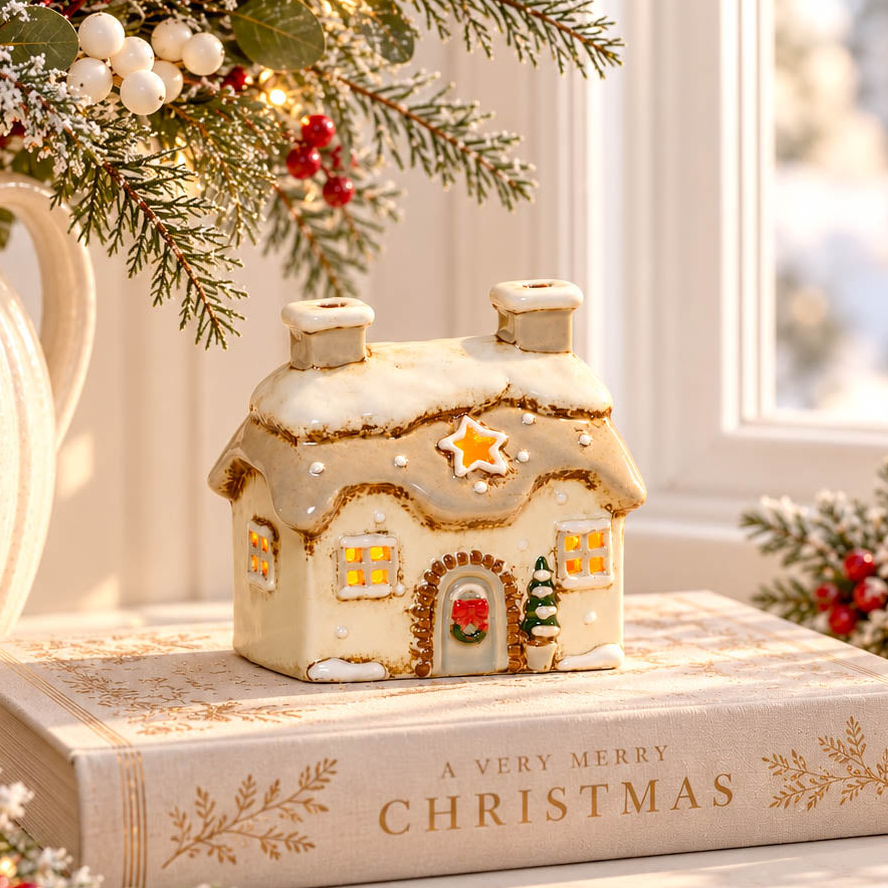 Mini Cream Stoneware Christmas Tealight Cottage