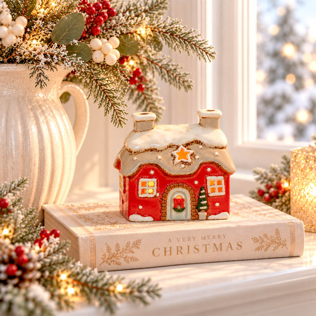 Mini Red Stoneware Christmas Tealight Cottage