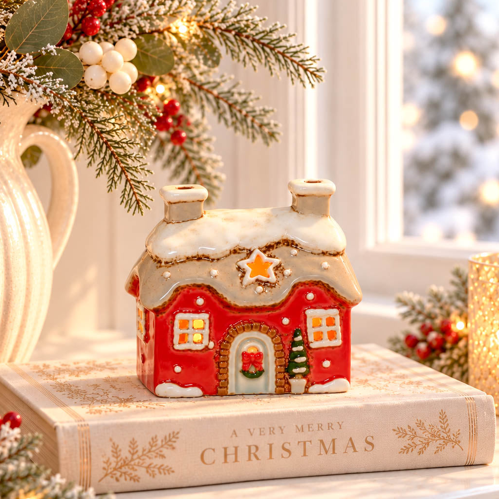 Mini Red Stoneware Christmas Tealight Cottage