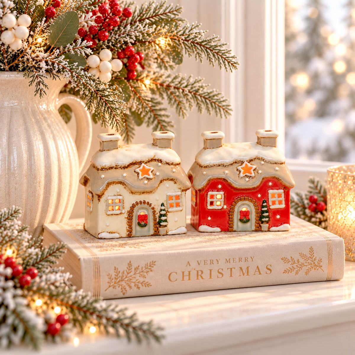 Mini Cream Stoneware Christmas Tealight Cottage