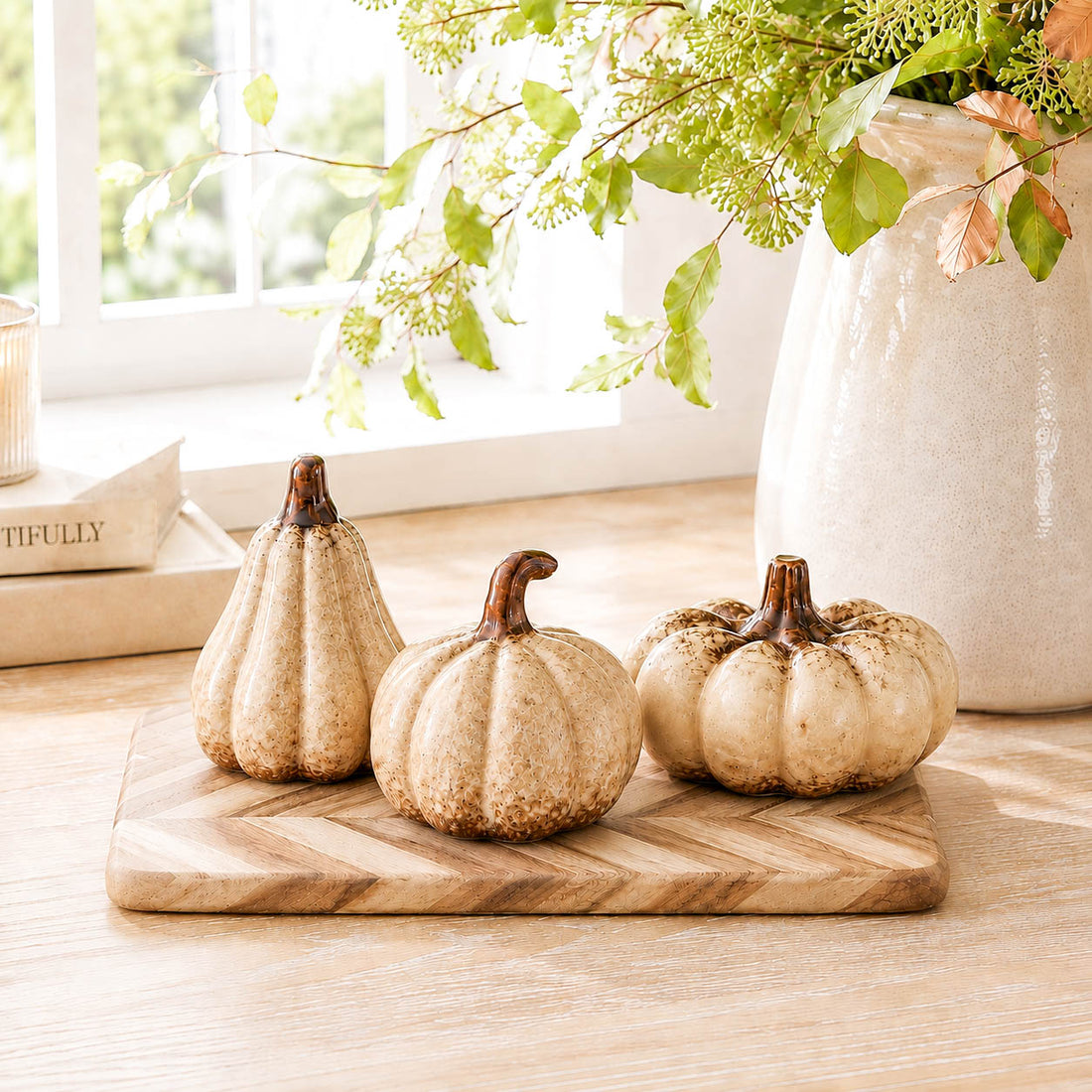 Set of 3 Rustic Cream Ceramic Pumpkins