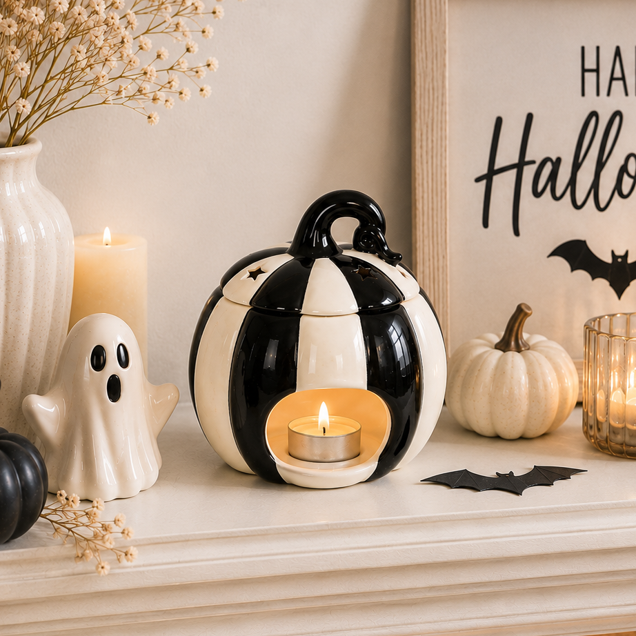 Black &amp; White Striped Pumpkin Oil Burner