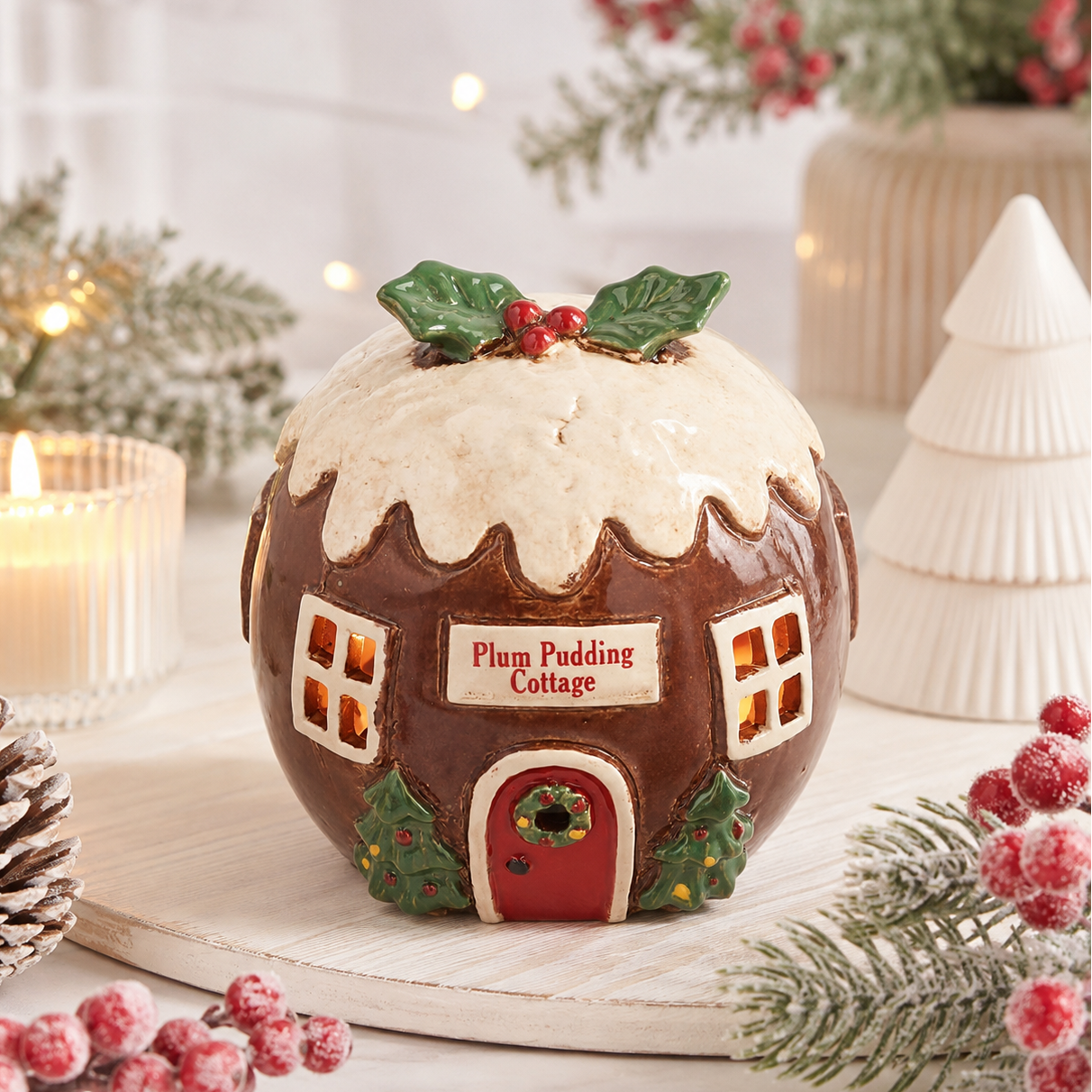 Village Pottery Plum Pudding Cottage Tealight